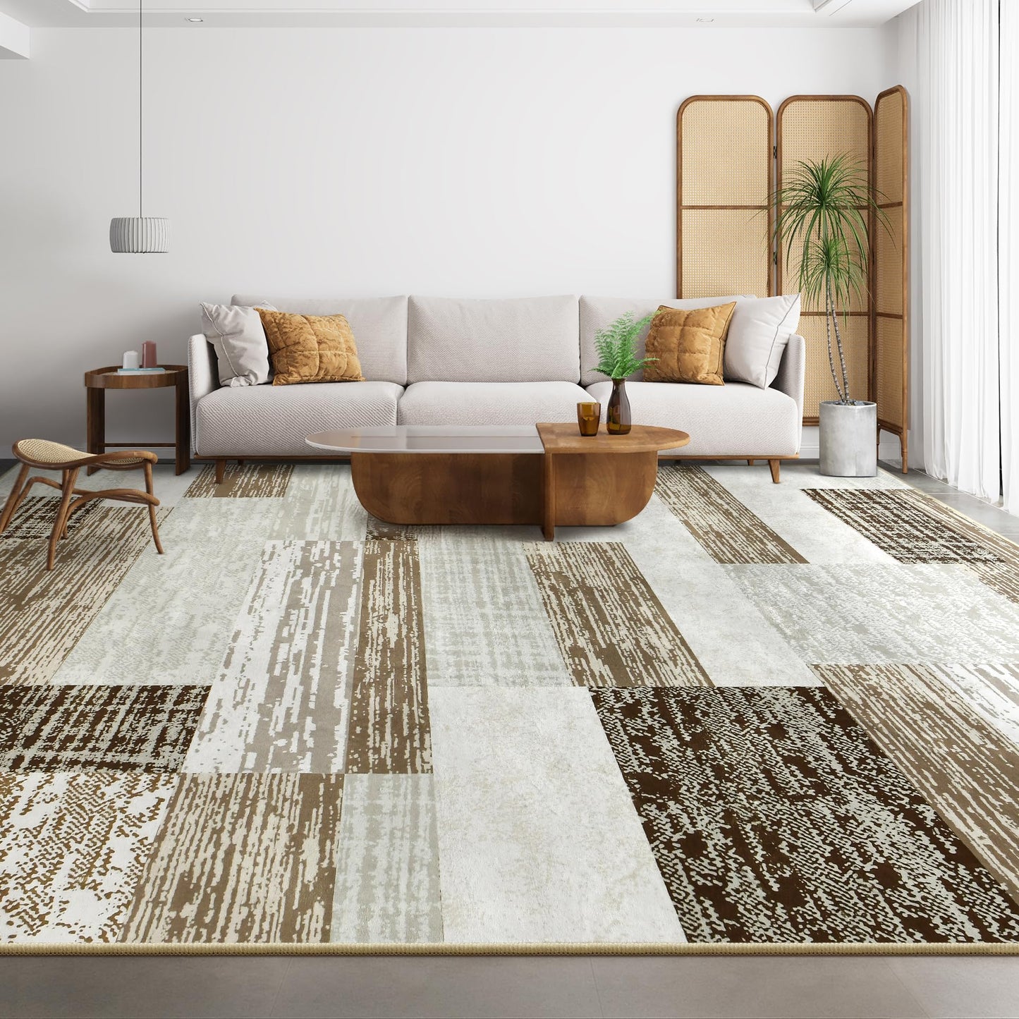 Large Area Rugs,Modern Geometric Patchwork Floor Decor for Bedroom Aesthetic Carpet, Rockwood Collection, Indoor Rugs for Living Room, Dining Room, Nursery, Office, Machine Washable Rug,4x6 Ft Beige