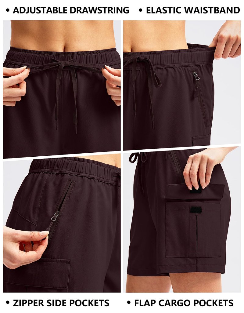 SANTINY Women's 5''/ 7''/9'' Hiking Cargo Shorts Quick Dry Lightweight Summer Shorts for Women Athletic Golf Zipper Pockets(Wine_M)