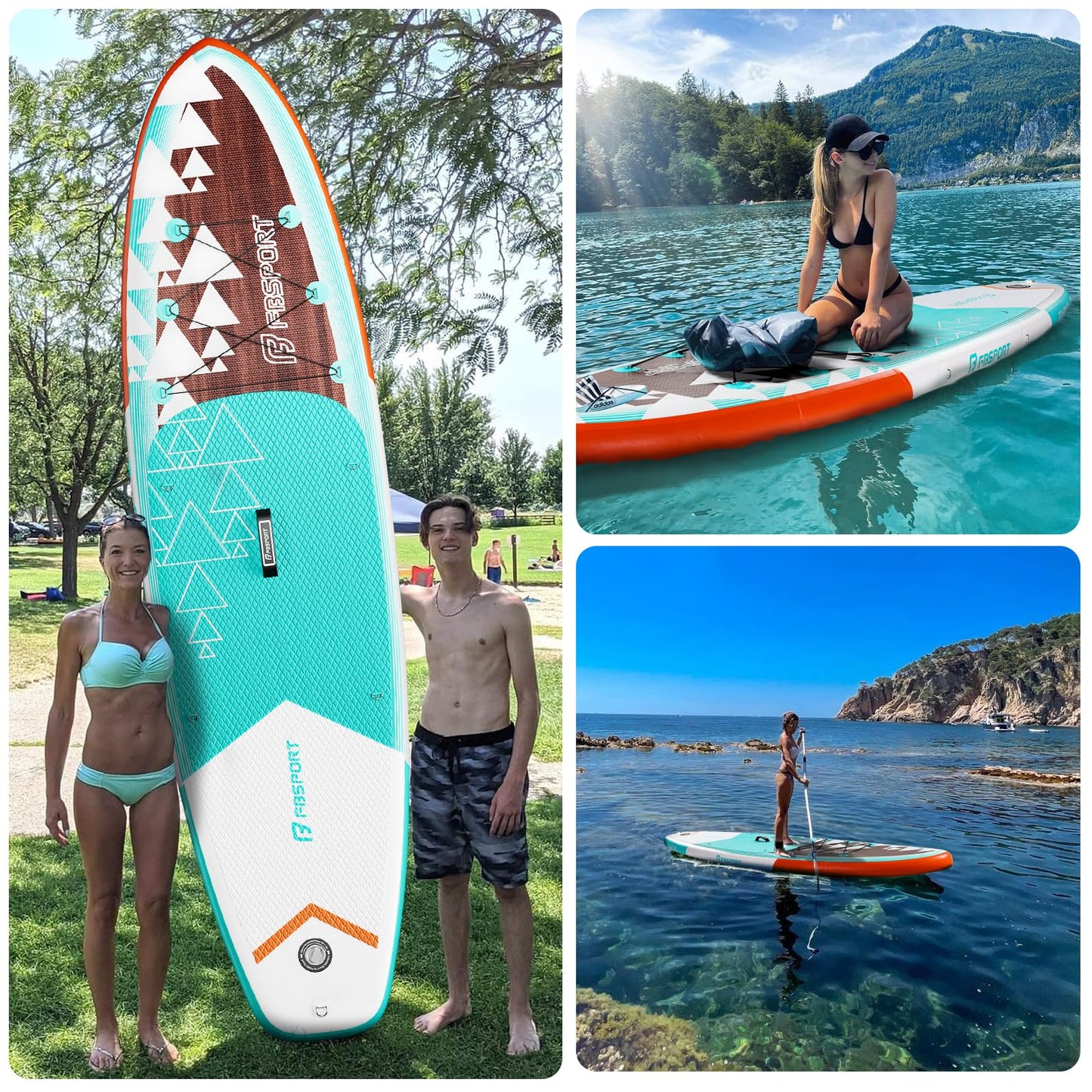 FBSPORT 11' Premium Stand Up Paddle Board, Yoga Board with SUP Accessories & Carry Bag | Wide Stance, Surf Control, Non-Slip Deck, Leash, Paddle and Pump for Youth & Adult(BlueWhite)