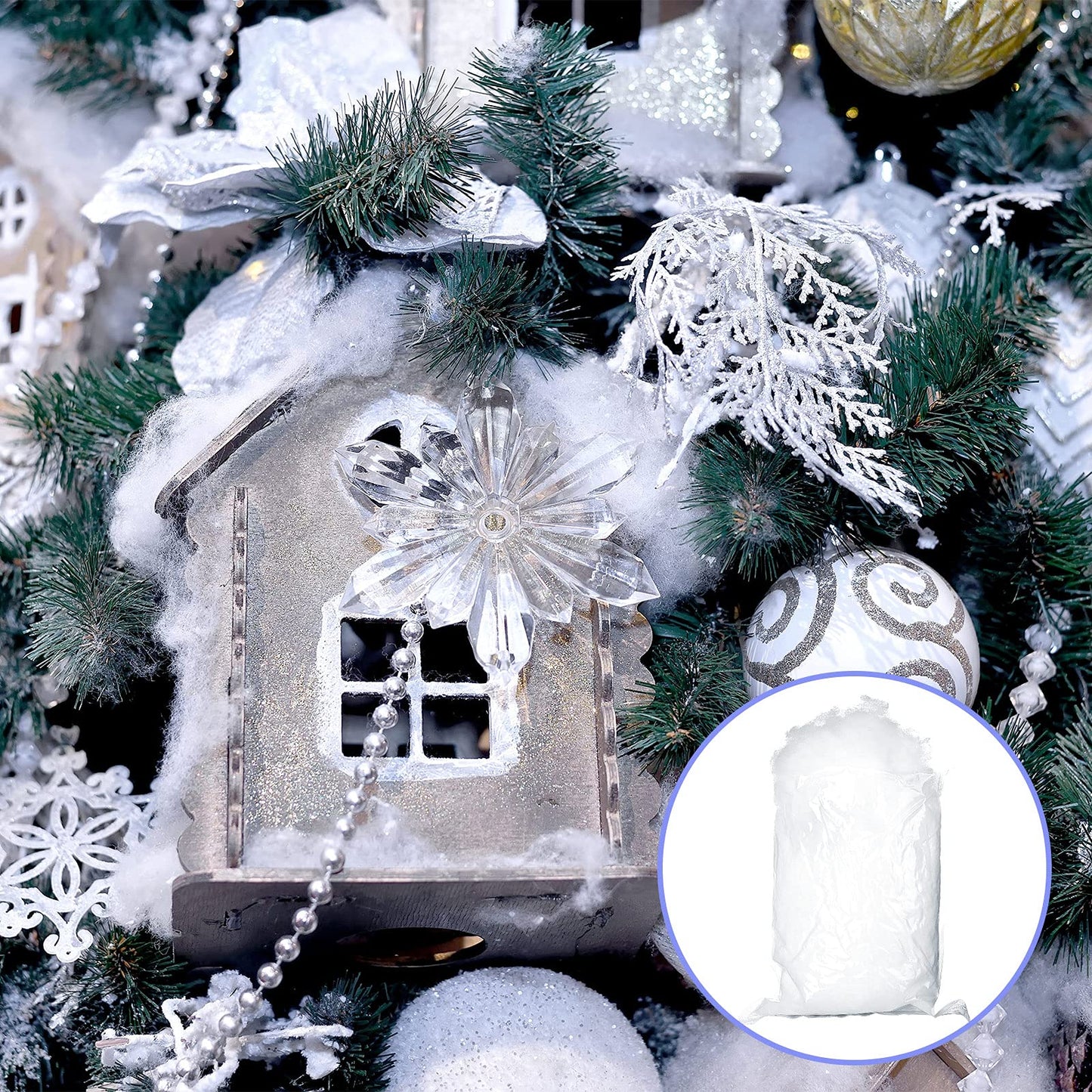 Tatuo 3 Bags Christmas Fake Snow Artificial Snow Blanket Fiber Fluffy Snow Indoor Snow for Christmas Tree Winter Mantle Village Decor, Nativity and Easy Christmas Display Decoration, 5.3 oz Per Bag
