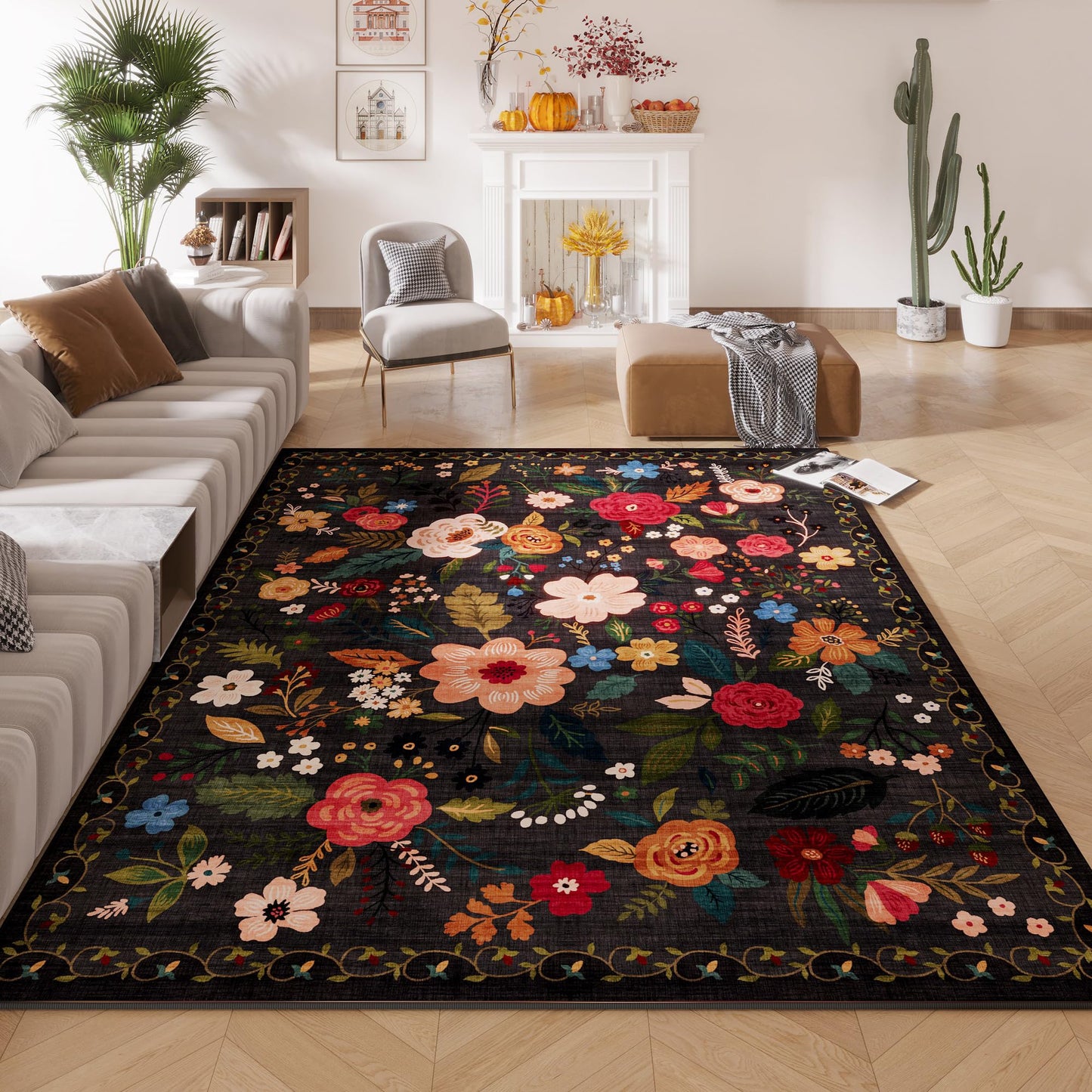 Rugcomf Living Room Rug 6x9 Rug Machine Washable Boho Area Rug Non Slip Floral Vintage Low Pile Large Rug for Living Room, Bedroom, Farmhouse, Dining Room, Kids Playroom(Black)