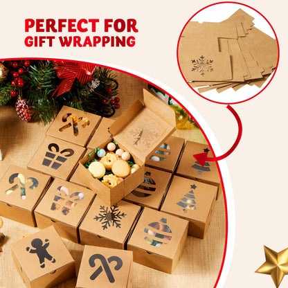 JOYIN 36 PCS Christmas Cookie Boxes for Gift Giving, Brown Bakery Treat Boxes with Window, 4" x 4" x 2.5" Gift Wrap Box for Xmas Holiday Party Favor Pastries, Cupcakes, Donuts, Brownies, Donuts