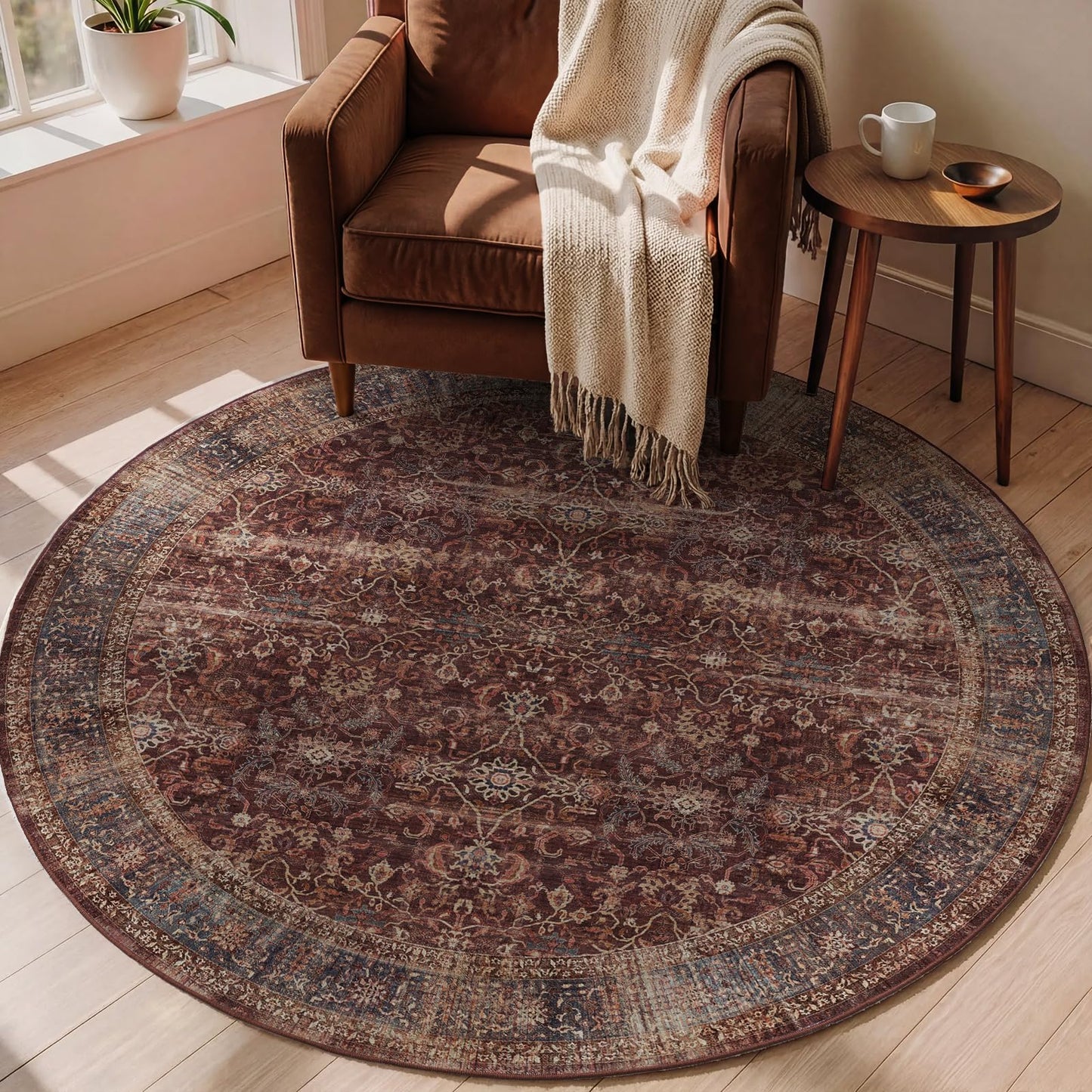 Jainmy Brick Red 5ft Round Washable Rug, Moody Vintage Farmhouse Rustic 5 Feet Circle Rug for Living Room, Low Pile Thin Non Slip 5x5 Round Circular Carpet for Dining Room/Bedroom/Entryway/Foyer