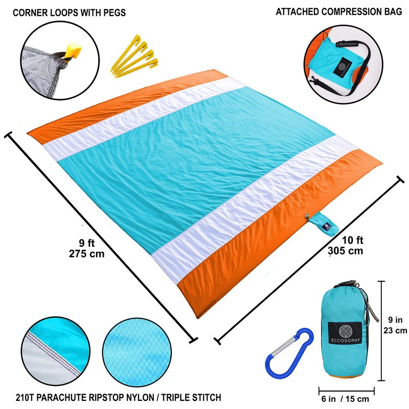 ECCOSOPHY Sandproof Beach Blanket - Oversized Sand Free Beach Mat 9'x10' - Lightweight Outdoor Picnic Blanket Anchored with 4 Corner Sand Pockets & Plastic Stakes - Heat Proof, Quick Drying & Compact