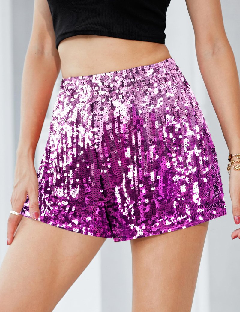 MANER Women's Sequin Shorts Sparkly Stretchy Night Out Party High Waisted Shorts (L / US12-14, Periwinkle/Festival Fuchsia)