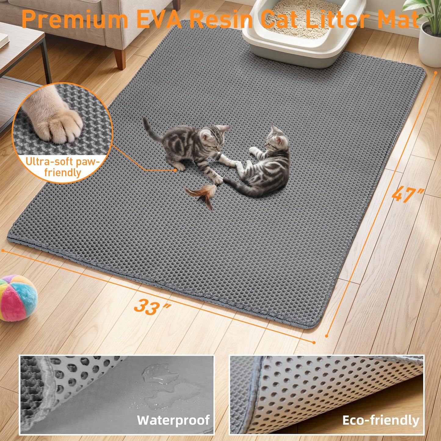 Anywish Large Cat Litter Mat for Litter Box, 47"×33" Double Layer Trapping Mat, Non-Slip Water Proof Kitty Litter Pad, Grey