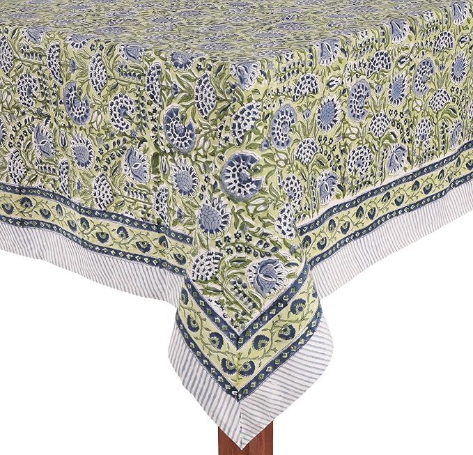 ATOSII Amara Green 100% Cotton Rectangle Fall Tablecloth, Handblock Floral Print Linen Table Cloth for Kitchen Dining I Parties, Weddings, Outdoors, Easter I Home Decor 60 X 90 Inches I 6 Seater