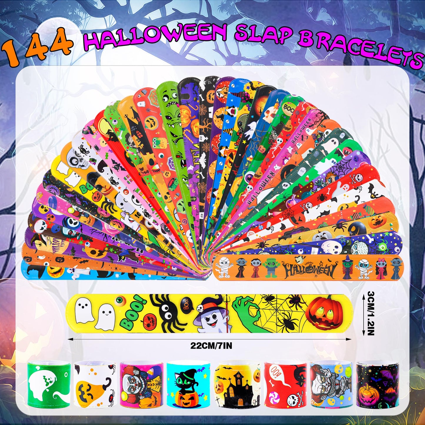LUYI 144 PCS Halloween Slap Bracelets，Halloween Party Favors Supplies for Kids-108 Different Designs Bracelets Bulk for Halloween Decorations Treat Toys Bag Stuffers Gift for Kids Girls Boys