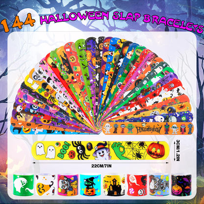 LUYI 144 PCS Halloween Slap Bracelets，Halloween Party Favors Supplies for Kids-108 Different Designs Bracelets Bulk for Halloween Decorations Treat Toys Bag Stuffers Gift for Kids Girls Boys