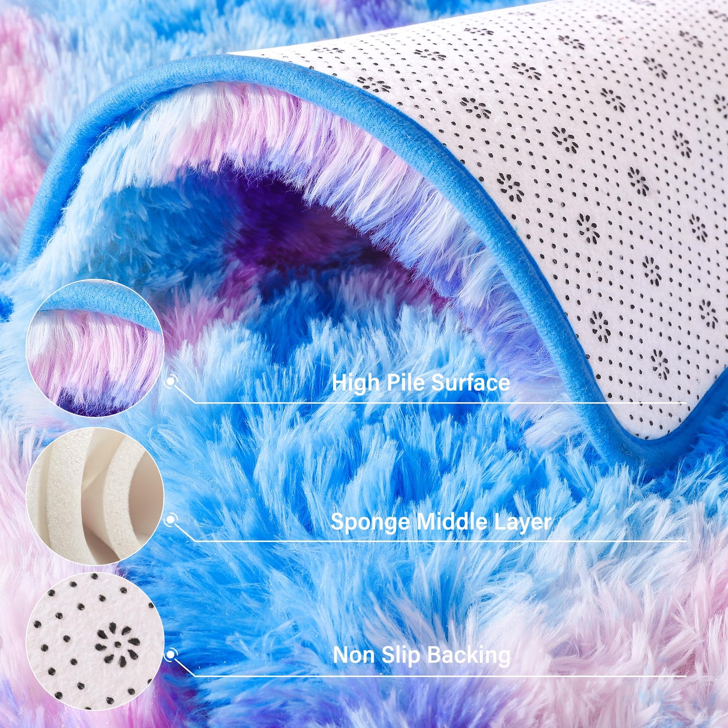Foxmas Large Area Rugs for Living Room Bedroom 6x9 Feet, Fluffy Kids Room Plush Shaggy Nursery Rug Furry Throw Carpets for Boys Girls, College Dorm Fuzzy Rugs Home Decorate Rug, Rainbow Blue