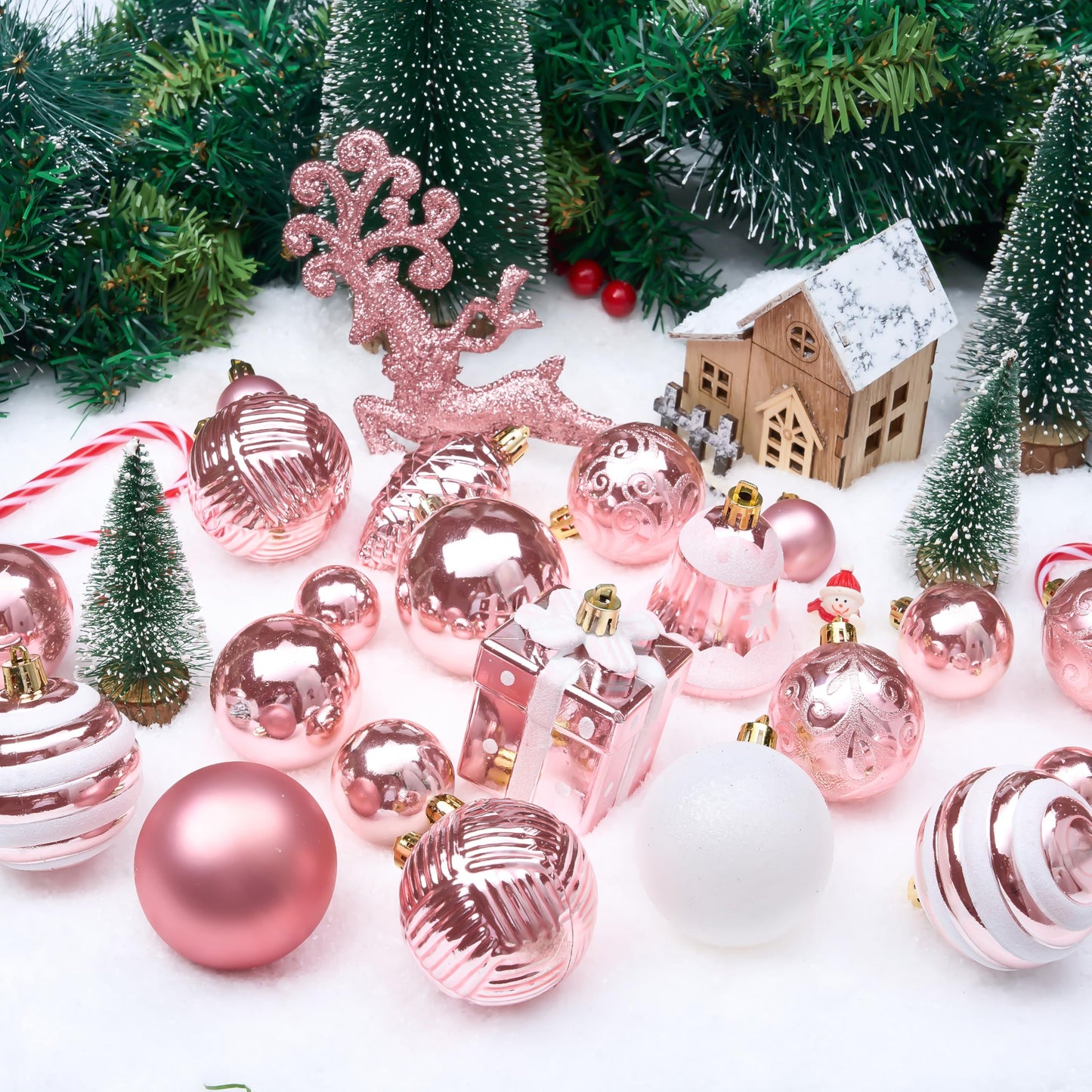 Joiedomi 66 Pcs Christmas Balls Ornaments Set, Pink Shatterproof Plastic Christmas Tree Ornaments for Xmas Hanging Decoration, Holiday Party Decoration