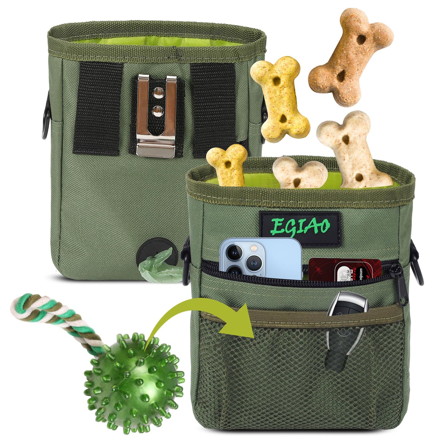 Dog Treat Pouch with Collapsible Dog Bowl, Training Clicker and Poop Bags, Treat Pouches for Pet Training, Magnetic Closure, Built-in Poop Bag Dispenser, Waist Belt Clip, Puppy Treat Bag - Green