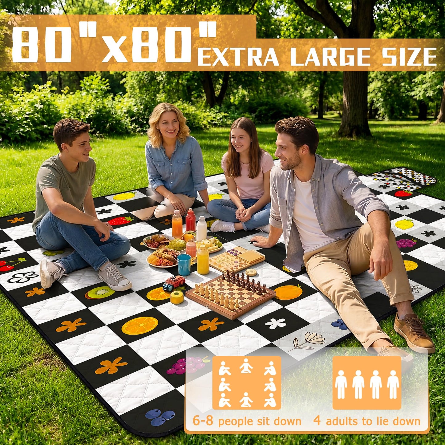 Alissgorat Picnic Blankets Outdoor Blanket,80"x 80" Extra Large Waterproof Sandproof Foldable Beach Blanket Grid Picnic Mat for Camping,Lawn,Park(Black)