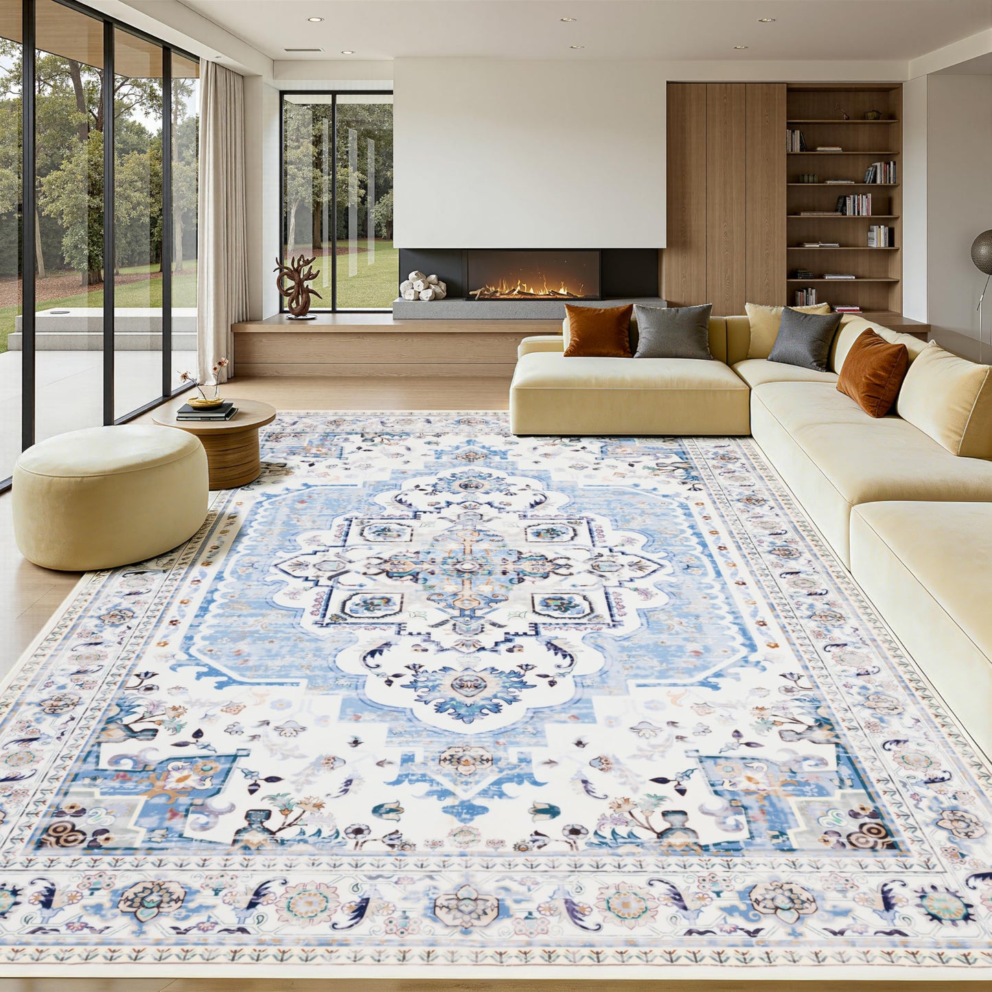 KENODITAN 9x12 Area Rug Living Room Rugs, Stain Resistant Washable Rug, Vintage Large Non-Slip Backing, Low Pile Lightweight Print Rug for Bedroom Dinning Room Home Office (White/Blue)