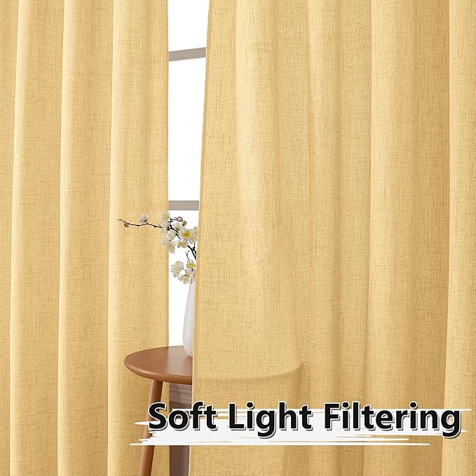 Tollpiz Short Linen Curtain Bedroom Rod Pocket Semi Sheer Curtains Burlap Light Filtering Thick Linen Drape for Living Room, 38 x 54 inches Long, Beige, Set of 2 Panels