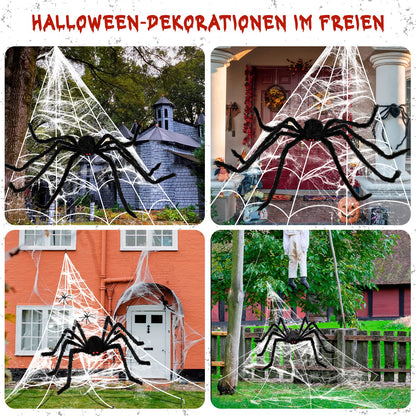BOSONER Halloween Decorations Outdoor Spider Webs: 1Pcs Giant Spiders - 200'' Triangular Web with Hook - Stretch Web and Ground Stakes for Large Halloween Decor and Haunted House Decoration