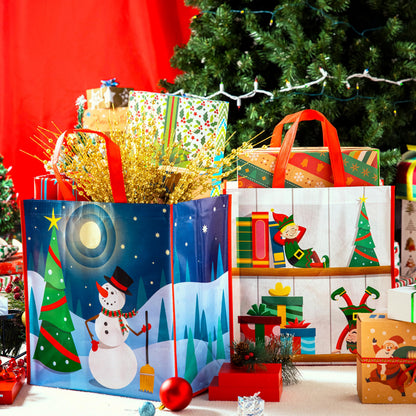JOYIN 12 PCS Christmas Large Gift Bags with Handles 13.75" x 14", Non-Woven Tote Bag for Wrapping Xmas Party Favors, Reusable Grocery Bags, Party Supplies