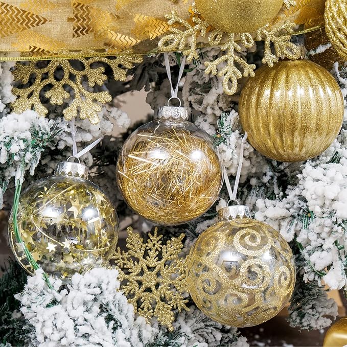 XmasExp 8ct Christmas Ball Ornaments Set -Large Clear Plastic Shatterproof Xmas Tree Ball Hanging Baubles Stuffed Delicate Glittering for Holiday Wedding Xmas Party Decoration (100mm/3.94",Gold)