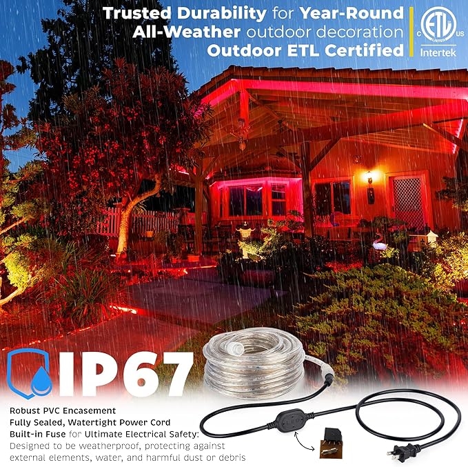 WYZworks 576LEDs 50ft LED Outside Rope Lights, Outdoor ETL Certified Waterproof Permanent 360 Degree Light Emitting, Flexible Tube, Connectable, Christmas Palm Tree Exterior Landscape, Red