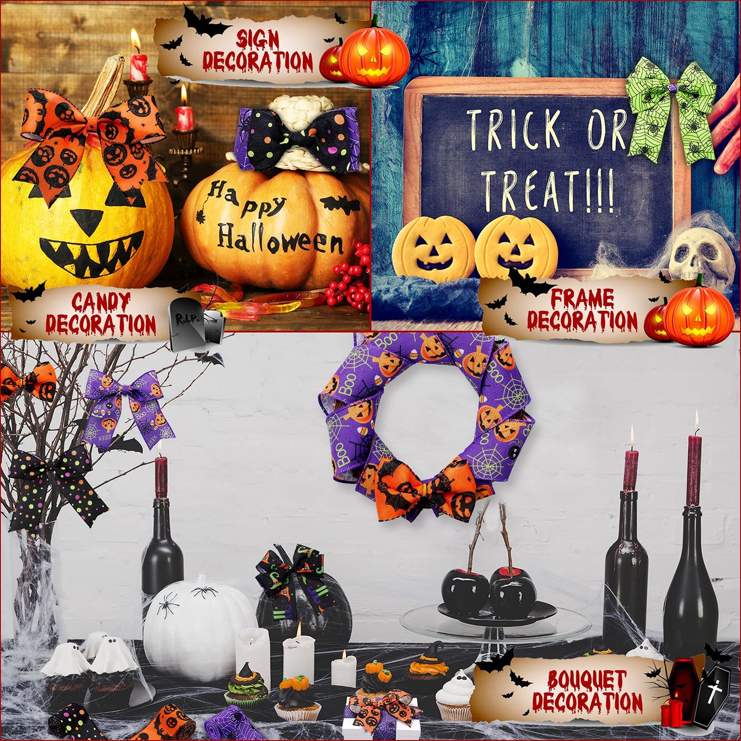 Chuangdi 6 Rolls 30 Yards Halloween Wired Edge Ribbons Bat Spider Web Printed Ribbon Halloween Witch Hat Skull Pumpkin Wired Edge Decoration for Wreaths DIY Crafts Gift Wrapping Supplies