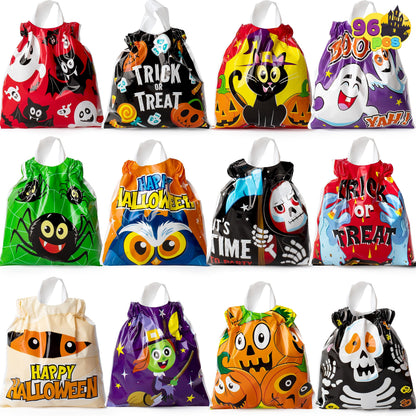 JOYIN 96PCS Halloween Drawstring Treat Bags, 6"x6" Halloween Goodie Candy Bags, 12 Designs Goody Gift Bag Bulk for Kids Boys Girls Trick or Treating, Classroom Party Favor Supplies
