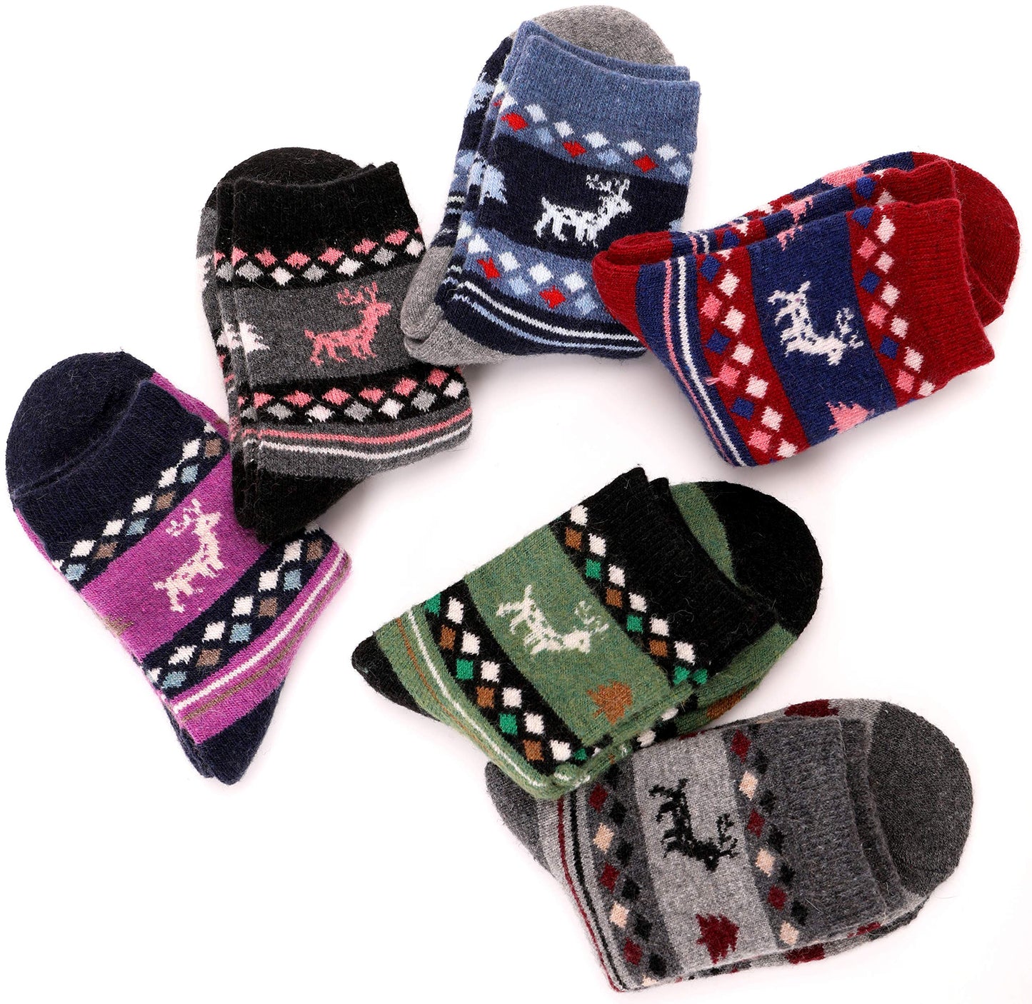 ANTSANG Kids Merino Wool Hiking Socks Toddlers Boys Girls Winter Warm Thick Thermal Crew Boot Heavy Cozy Snow Cabin Gift Snowboarding Socks 6 Pairs for Childs(Christmas Deer,1-3Y)