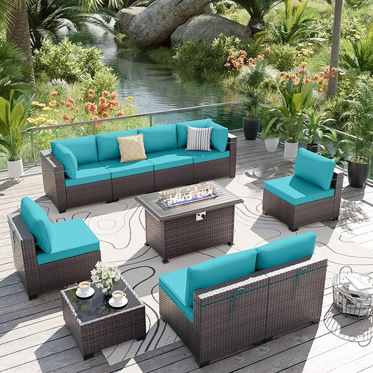 ALAULM 10 Pieces Outdoor Patio Furniture Set with Propane Fire Pit Table Outdoor Sectional Sofa Sets Patio Furniture 43" Gas Fire Pit Brown PE Rattan Patio Conversation Set w/8 Seat Cushions (Blue)