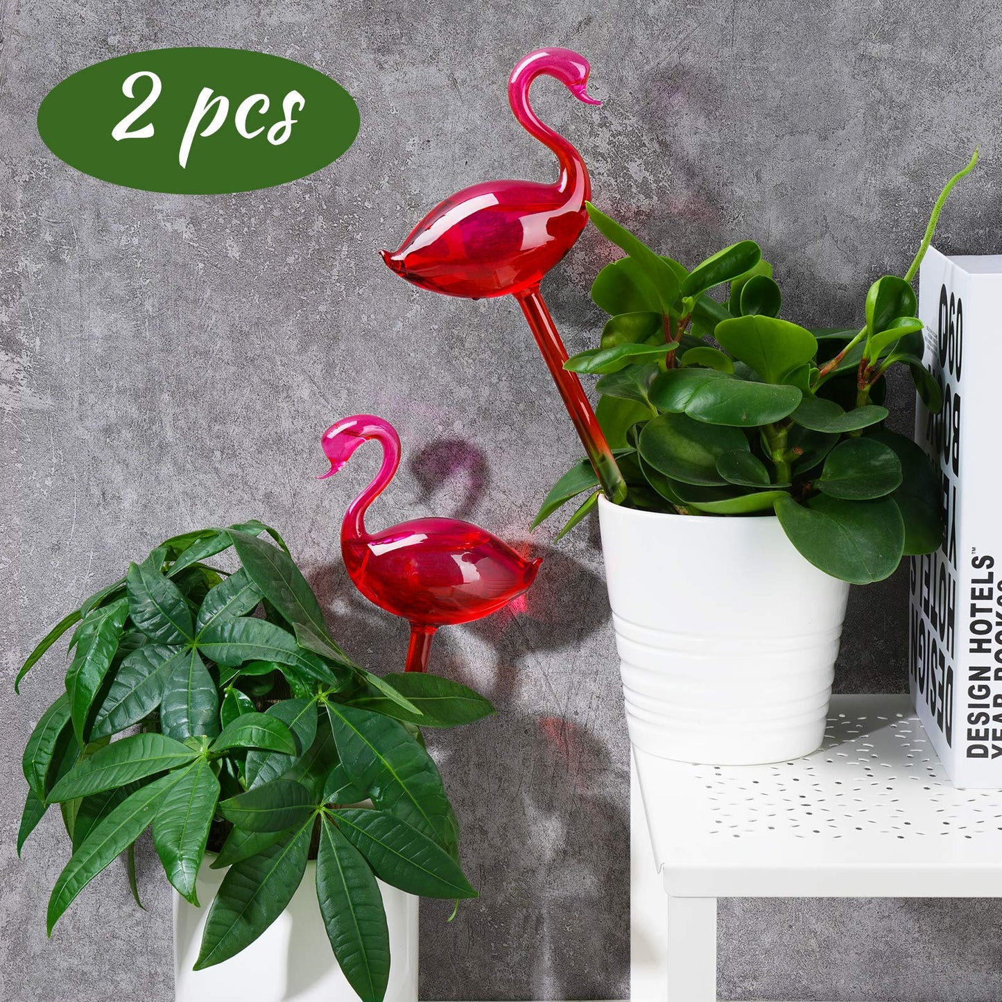 NiHome Flamingo Self-Watering Bulb 2-Pack 10" Long Gradient Hot Pink Hand-Blown Glass Globe Pot Plant Waterer for Home Indoor Outdoor Garden Patio Hanging Flower Automatic Irrigation System