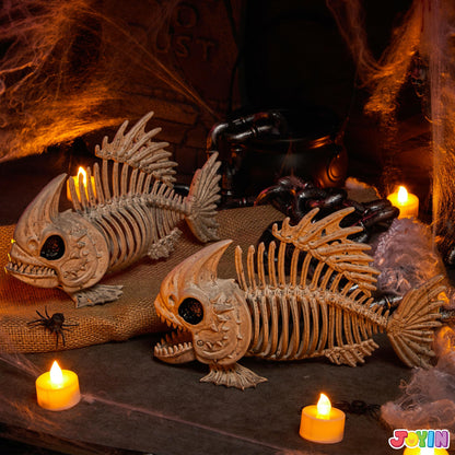 JOYIN 2 PCS 9.5 Halloween Posable Fish Skeleton Decor, Animal Plastic Bones with Posable Joints for Indoor Outdoor Halloween Decorations Party Props, Yard Patio Lawn Garden Props Decor