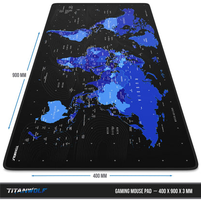 TITANWOLF XXL Speed Gaming Mouse Pad Mouse Mat 900x400 - Mousepad - Table Mat Large Size 90x40 cm - improved precision and speed - Black World Map