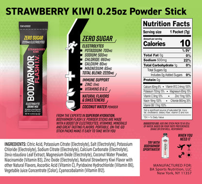 BODYARMOR Flash IV Electrolyte Packets, Strawberry Kiwi - Zero Sugar Drink Mix, Single Serve Packs, Coconut Water Powder (6 Count)