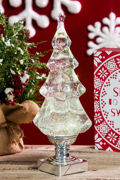 LED Light Liquid Motion Glitter Christmas Tree | 14 Inches Tall | Premium Ornament | Water Globe | Battery Operated | Tabletop Sparkling Silver for Holiday Home and Office Decor