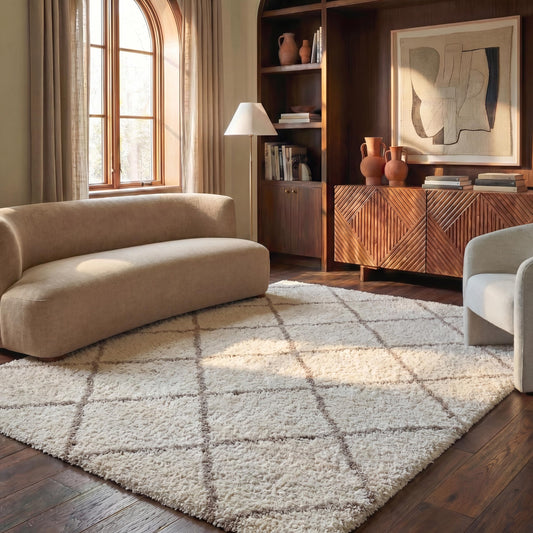 SAFAVIEH Area Rug 8x10 - Hudson Shag Collection - Large - Ivory & Beige, Trellis Pattern, Non-Shedding & Easy Cleaning, Ultra Plush Thick Pile, Ideal for Living Room, Bedroom, Dining Space (SGH281D)
