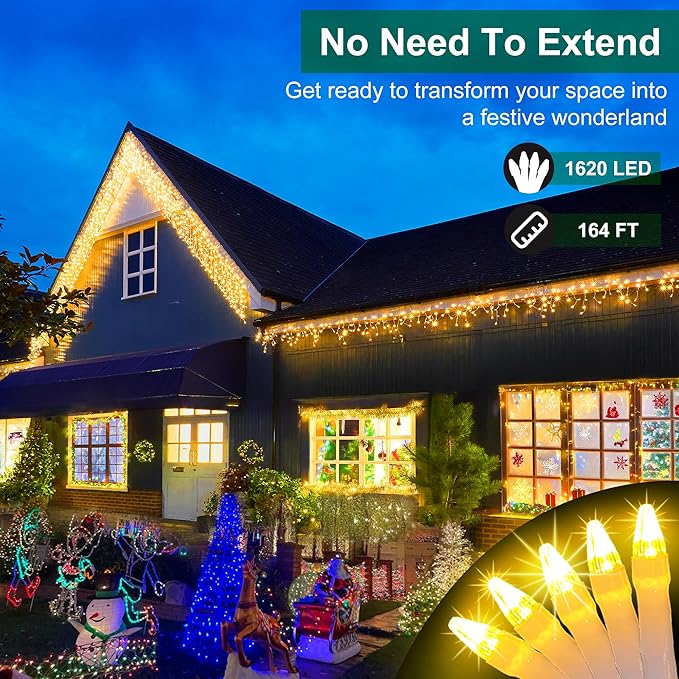 1620 LED 164ft Christmas Icicle Lights Outdoor,8 Modes Fairy Curtain Icicle String Lights with 360 Drops, Twinkly Lights Plug in Timerr Memory for Outdoor Holiday Wedding Party (Warm White)