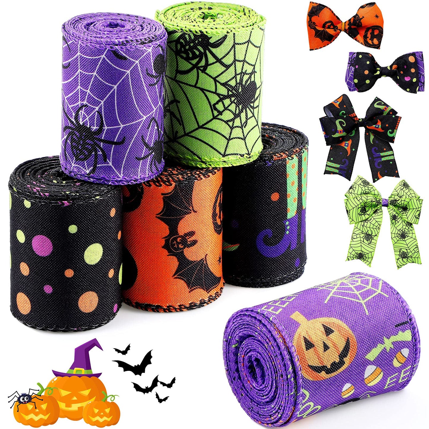Chuangdi 6 Rolls 30 Yards Halloween Wired Edge Ribbons Bat Spider Web Printed Ribbon Halloween Witch Hat Skull Pumpkin Wired Edge Decoration for Wreaths DIY Crafts Gift Wrapping Supplies