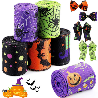 Chuangdi 6 Rolls 30 Yards Halloween Wired Edge Ribbons Bat Spider Web Printed Ribbon Halloween Witch Hat Skull Pumpkin Wired Edge Decoration for Wreaths DIY Crafts Gift Wrapping Supplies