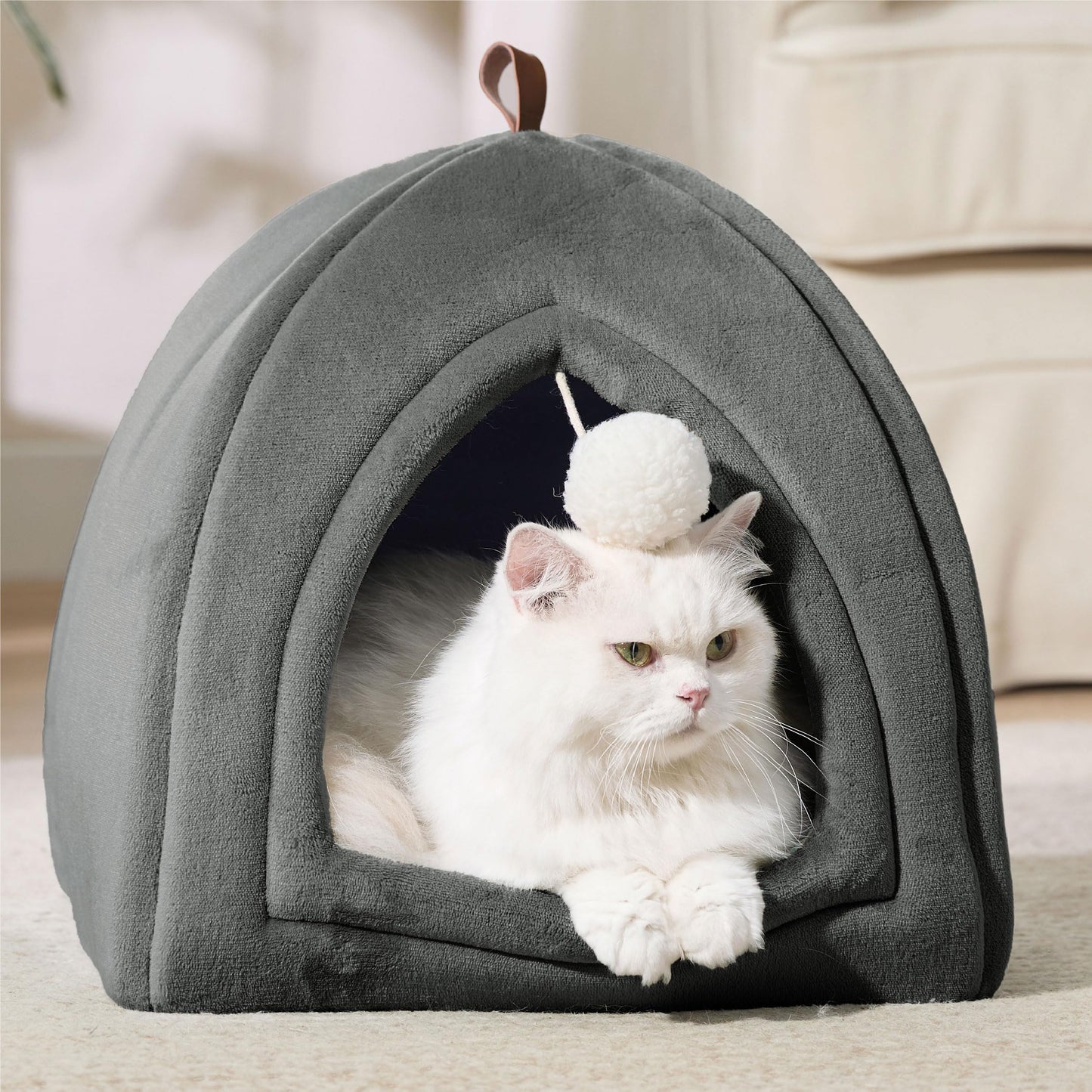 Bedsure Cat Cave Bed Indoor - Flannel Hooded Cat Igloo House, 40x40x40cm Enclosed Foldable Pet Bed with Removable Washable Cushion Pillow, Dark Grey