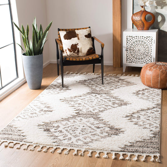 SAFAVIEH Moroccan Tassel Shag Collection Area Rug - 6'7" x 9'2", Ivory & Brown, Boho Design, Non-Shedding & Easy Care, 2-inch Thick Ideal for High Traffic Areas in Living Room, Bedroom (MTS652A)