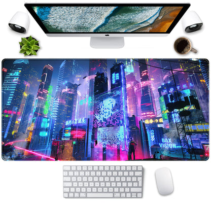 Japanese Street Desk Mat Futuristic Neon City Print Mouse Pad, Exclusive Desk Mats, XXL Large Gaming Mousepad 31.5"x15.75", Office Decor for Women Girls Keyboard Mat Laptop Computer Mat