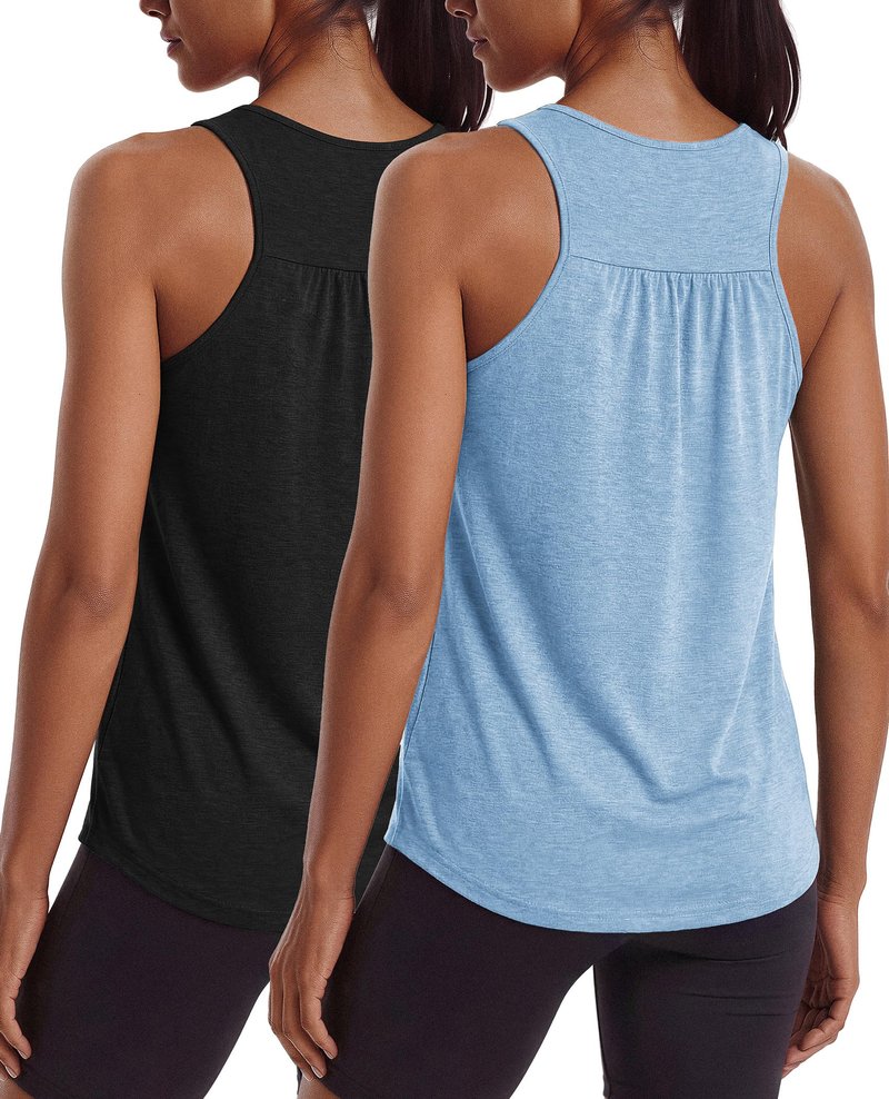 PINSPARK Workout Tank Tops for Women Racerback Yoga Top 2 Pack Loose Fit Gym Pilates Outfits Sleeveless Running Athletic Tanks,Black/Light Blue M