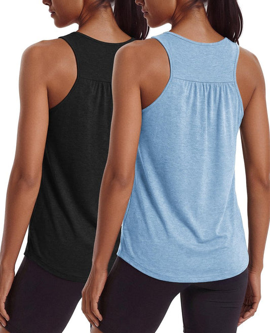 PINSPARK Workout Tank Tops for Women Racerback Yoga Top 2 Pack Loose Fit Gym Pilates Outfits Sleeveless Running Athletic Tanks,Black/Light Blue XXL