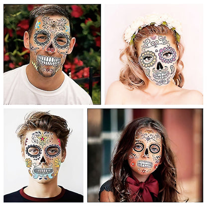 12 PCS Day of the Dead Costume Tattoos for Halloween - Temporary Sugar Skull Face Stickers for Makeup, Masquerade, Parties. Halloween tattoos, Face & Body Tattoos for Events. Day of the Dead Tattoos