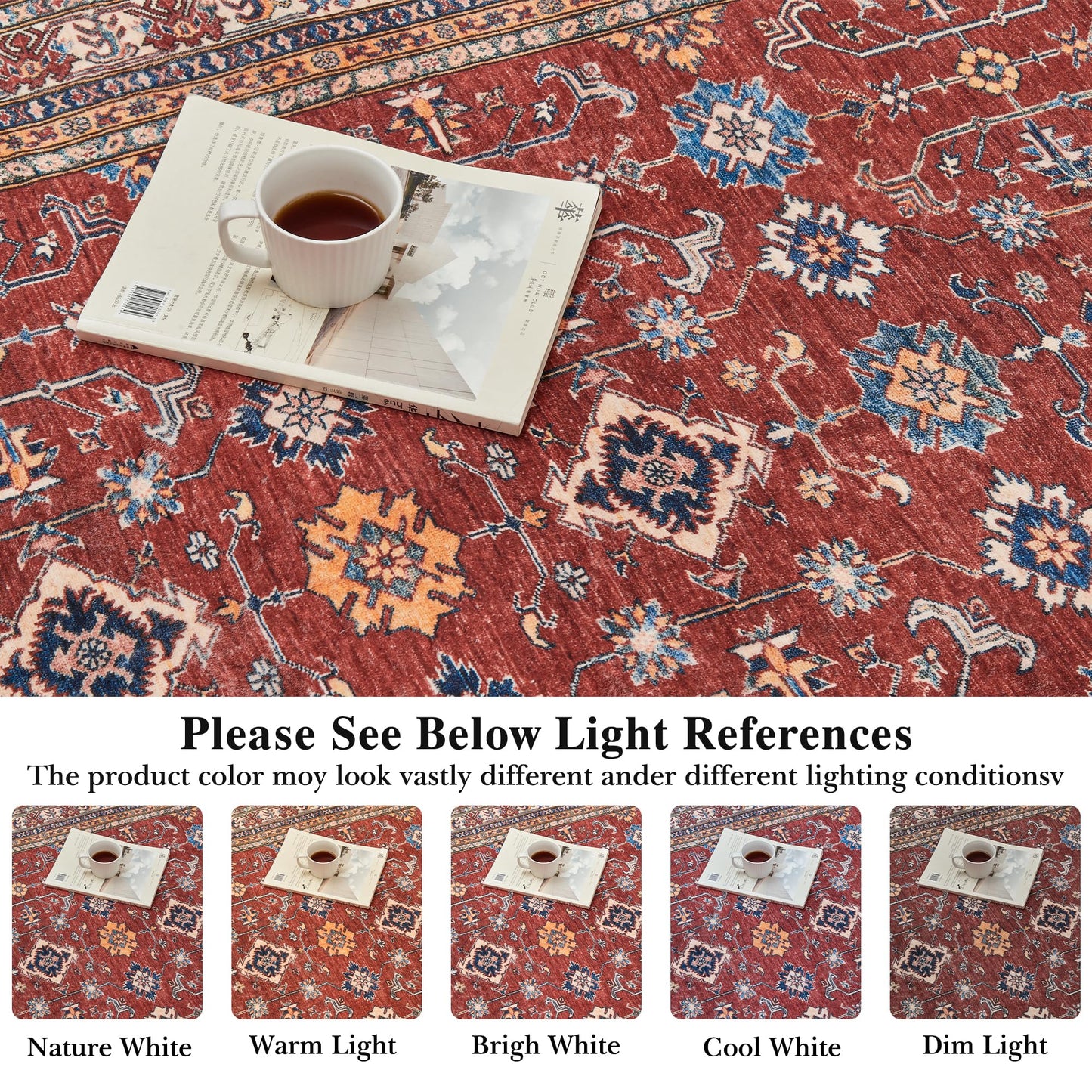 Rugland 5x7 Area Rugs - Stain Resistant Washable Rugs 5x7, Anti Slip Backing Low Pile Rugs for Living Room, Bedroom, Vintage Tribal Area Rugs, Burgundy