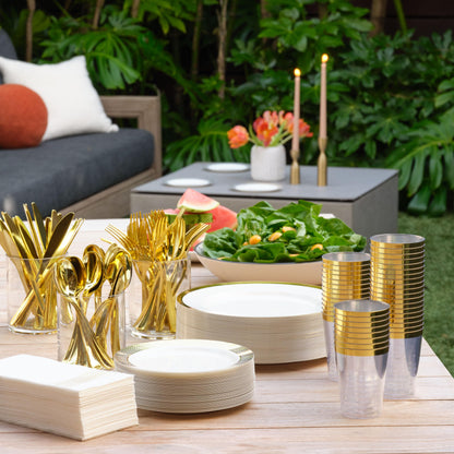 By Madee EXTRA HEAVYWEIGHT 175 Pc White and Gold Plastic Plates and Utensils Set with Linen Like Napkins – Fancy Disposable Dinnerware Set for Wedding, Bridal Showers, Special Occasion (25 Guests)