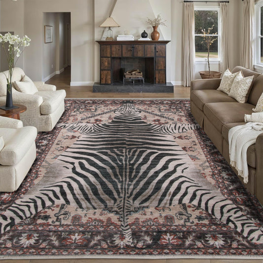 Zebra Print Rug 6x9 Washable Vintage Animal Area Rugs for Living Room Soft Non Slip Modern Rustic Area Rugs Distressed Oriental Carpet for Bedroom, Dining Room, Office, Beige