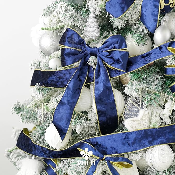 MEEDEE Navy Blue and Gold Velvet Ribbon 2.5 inch Thick Velvet Wired Edge 10 Yards Spool Two Tone Ribbon for Christmas Tree, Gift Wrapping, Wreaths, Bows, Swags, Crafts Supply