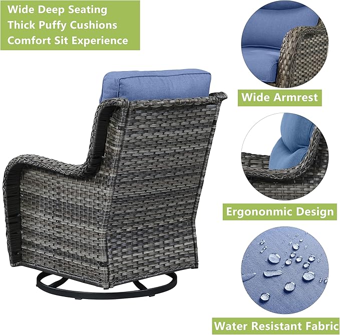 Rilyson Wicker Patio Furniture Set - 5 Piece Rattan Outdoor Sectional Conversation Sets with 2 Swivel Rocking Chairs,2 Ottomans and 1 Side Table for Porch Deck Garden(Mixed Grey/Blue/Smile)