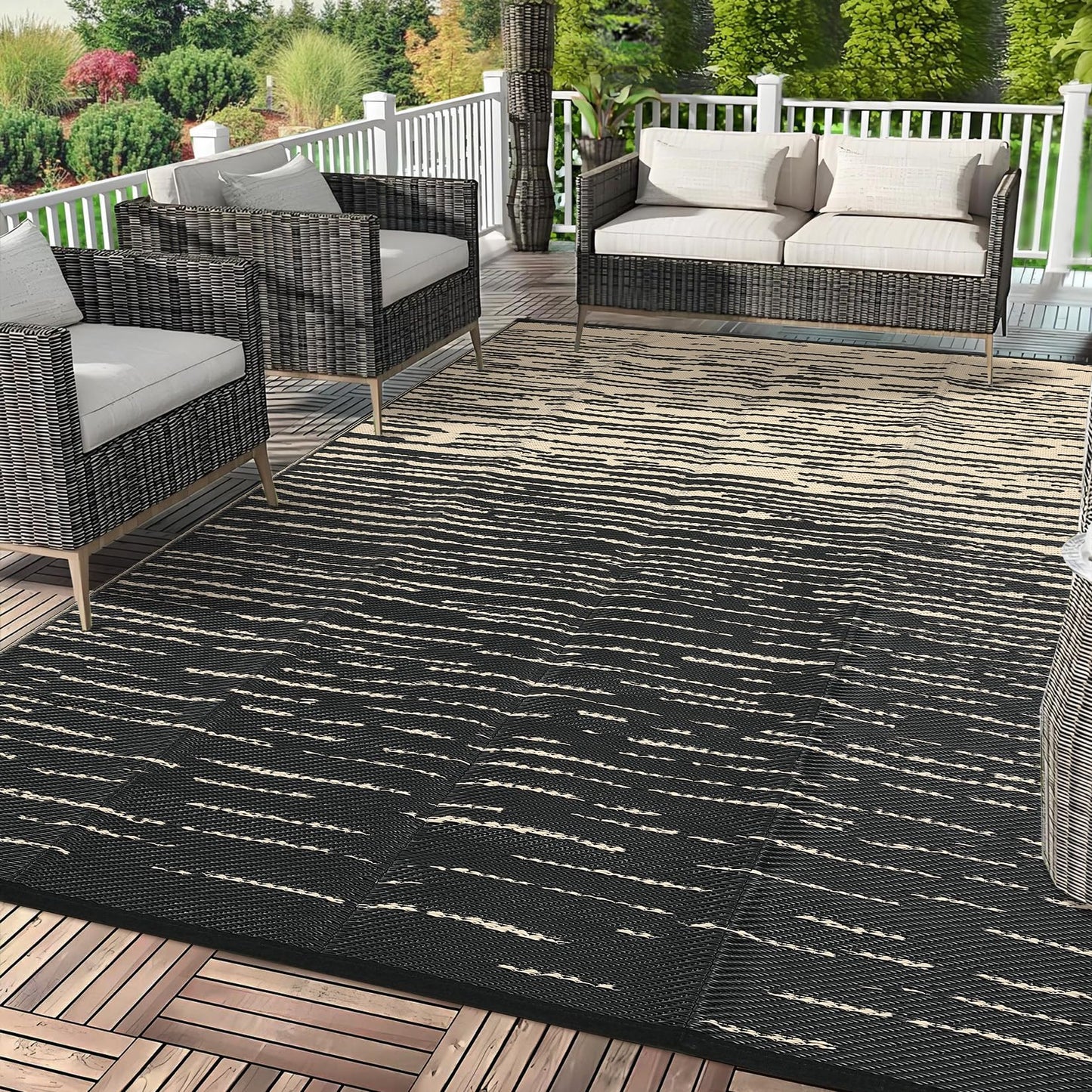 COZYLOOM Striped 6x9 RV Outdoor Rug Waterproof, Modern Outdoor Plastic Straw Rug, Foldable Lightweight Reversible UV Resisatnt Rugs for Picnic Backyard Deck Balcony Porch Beach Camper, Black Coffee