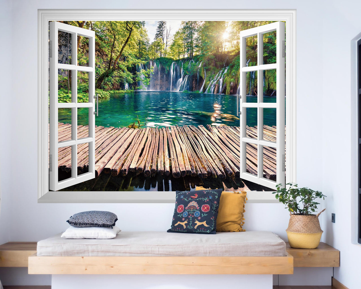 FLFK Fake Window Wall Mural - Waterfalls in The Jungle Faux Window Wall Sticker for Wall Decor, Stick and Peel Wall Decals,80"x60",Set of 5 Sheets