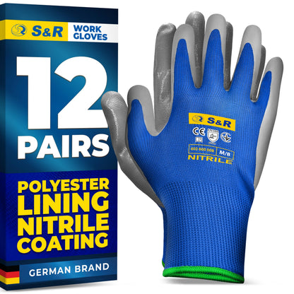 S&R Protective Gloves 12 Pairs with Nitrile Coating in XL/10, Non-Slip Work Gloves for Assembly, Building, Restoration